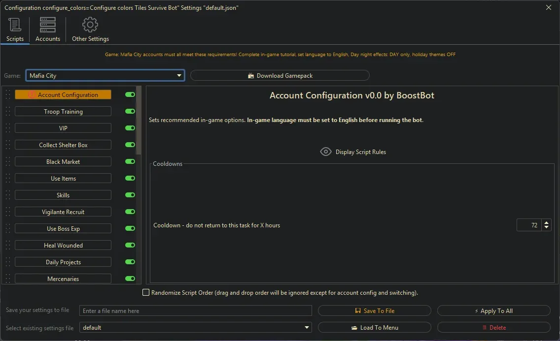 Mafia City Bot - Account Configuration
