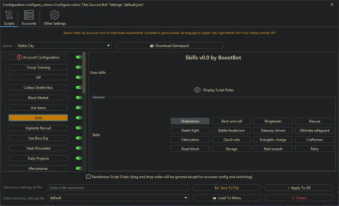 Mafia City Bot - Skills