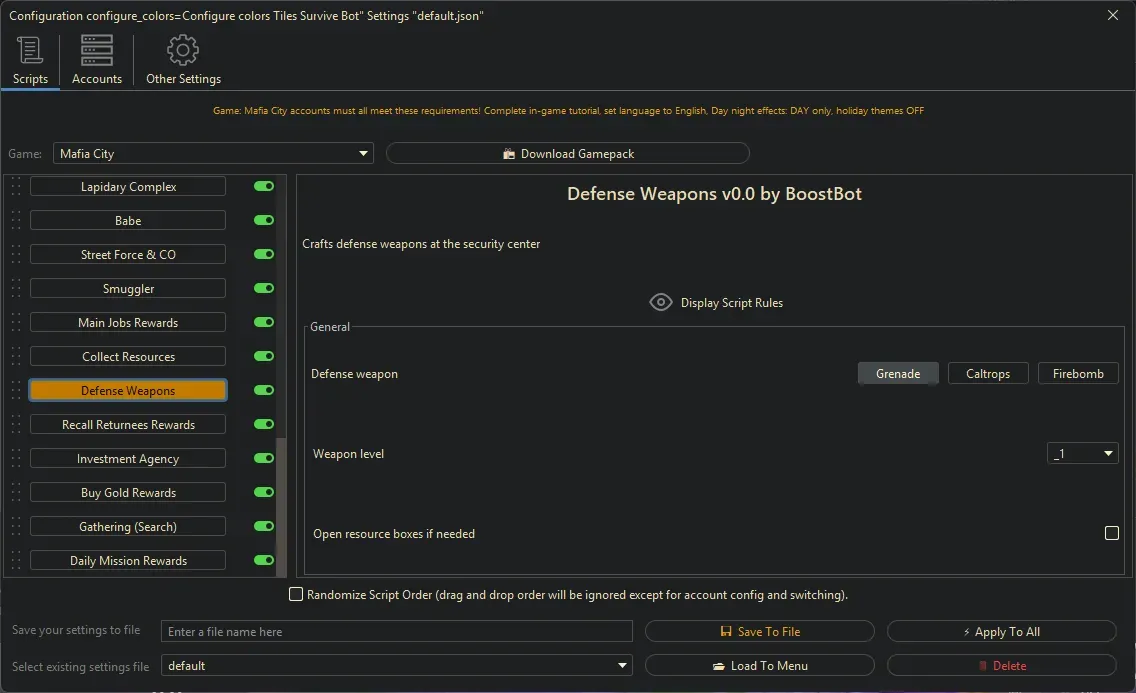 Mafia City Bot - Defense Weapons