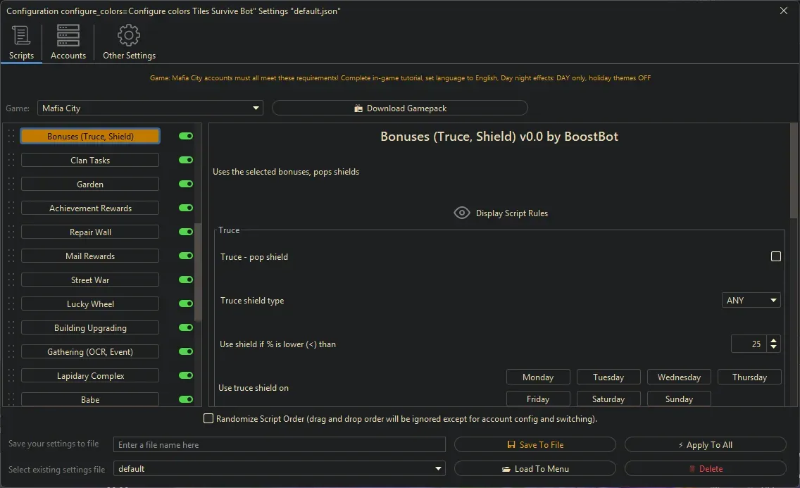 Mafia City Bot - Bonuses (Truce, Shield)